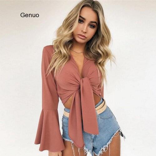 Sexy Women V- Neck Long Flare Sleeve T-Shirt Crop Tops Solid Slim Bow Tie Front Short Summer Beach Bowknot Bandage Tee Top