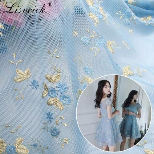 1meter 142cm Milk silk gold threadembroidery flower thick mesh lace fabric diy womens dress wedding dress fabric