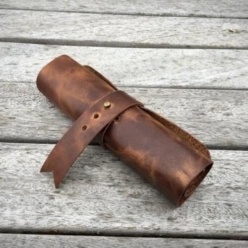 Genuine Leather Roll Pen Holder Brown Handmade Personalized Name-Written Pencil Bag Case Businessman Student Stationery Cosmetic New Style Retro Pem PO Stationery School Supplies Makeup Pencil Diy