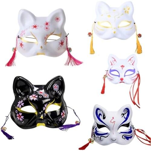 Japanese Animal Cat Half Face Mask with Tassels Small Bells Hand-Painted Cosplay Anime Masquerade Party Dress Up