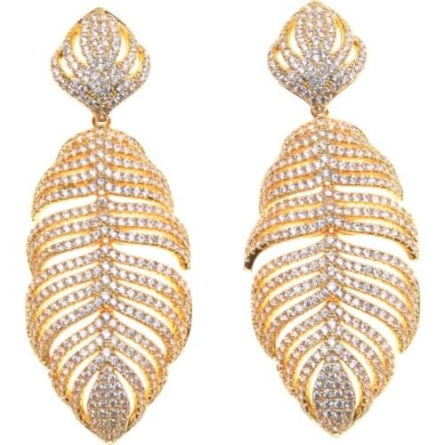 SLJELY Luxury Popular Feather Earrings Paved Crystal Zircon Naija Wedding Party Earring Vintage Punk Fashion Jewelry For Women