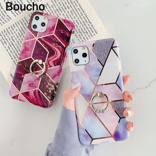 Luxury Plating Line Geometric Marble Phone Case For iPhone 12 Pro mini 11 Pro Max X XS XR 7 8Plus Diamond Ring Holder Soft Cover