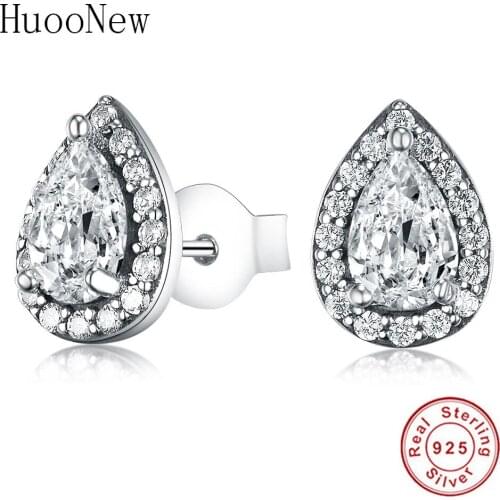 HuooNew 925 Sterling Silver Waterdrop Clear Zirconia Crystal Stone Stud Earrings Women Womens Female Wedding Party Brincos 2018