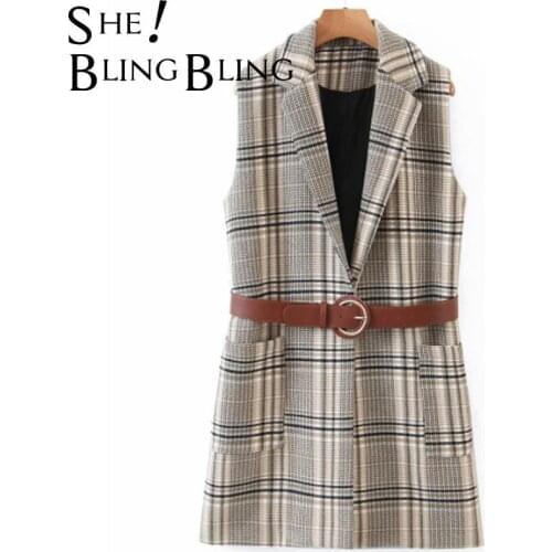 SheBlingBling 2021 women ZA khaki plaid pattern long vest coat with belt office ladies waistcoat sleeveless blazer elegant top