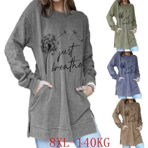 Spring plus size sweatshirt 4XL-8XL fashion womens dandelion print round neck long sleeve pocket sweatshirt