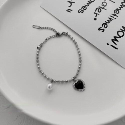 VSnow Sweet Cool Style Black Love Heart Pearl Charm Bracelet for Women Femme Round Bead Chain Stainless Steel Bracelet Jewellery
