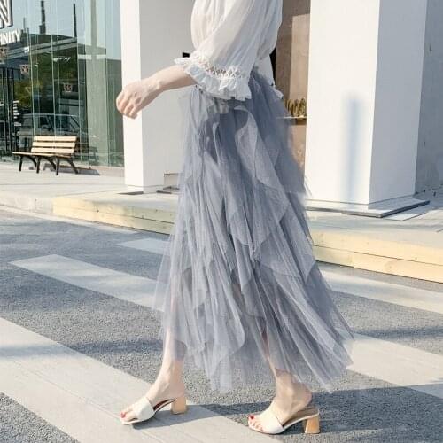 WSYORE Irregular Maxi Skirts New Spring and Summer Casual High Waist Skirts Women Long Mesh Skirt Female Fairy Skirt NS1064