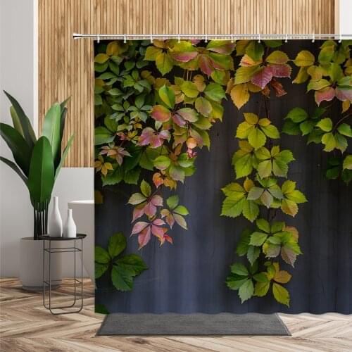 Green Ivy Plant Shower Curtain Wood Stripes Backdrop Bathroom Bath Decor Retro Wall Hanging Fabric Waterproof Printing Curtains