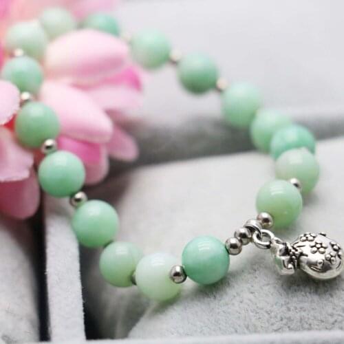 8mm Green Beads Chalcedony Stone Pendant Tibet Silver Color Lucky bag Bracelet hand chain for women girls Jewelry Making Design