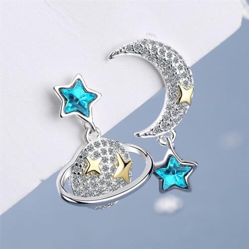 1 Pair Womens Cute Cosmic Moon Stars Shape Inlaid AAA Zircon Asymmetric Ear Stud Earrings Fashion Jewelry E1824