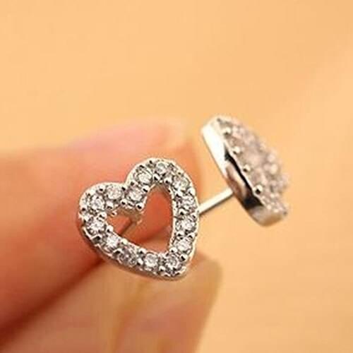 Hot Fashion Women Lady Love Heart Silver Plated Rhinestone Ear Stud Earrings