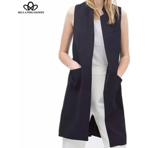 HStar stylish spring/summer blazer vest coat women stand collar long suit vest black white dark blue with two pockets outwears