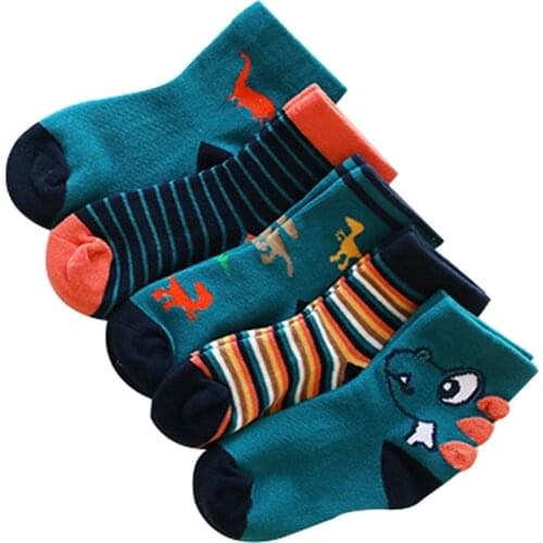 5 Pair Baby Socks Children Autumn Winter Cartoon Socks Dinosaur Print Pattern Boy Girls Kids Unisex Cotton School Sport Socks