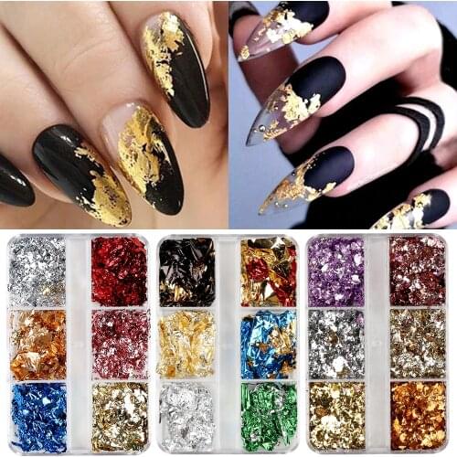 6 Grid Gold Foil Nail Art Irregular Aluminum Foil Sticker 3d Flash Holographic Nail Art SequinsDIY Nails Art Decorations