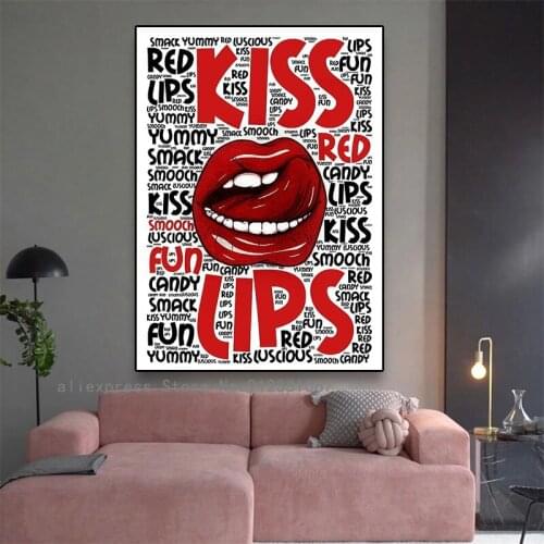 Abstract Kiss Red Fun Lips Art Poster Sexy Red Lips Canvas Print Painting Wall Art Pictures Living Room Home Decoration No Frame
