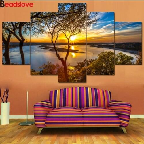 Needlework DIY Diamond Embroidery 5 Panel Beautiful Sunrise Nature LandscapeDiamond Painting Cross Stitch Full Rhinestone Mosaic