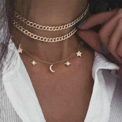 Boho Fashion New 2020 Multilevel Crystal Chain Pendant Necklaces For Women Vintage Moon Sun Star Necklace Jewelry Party Gift