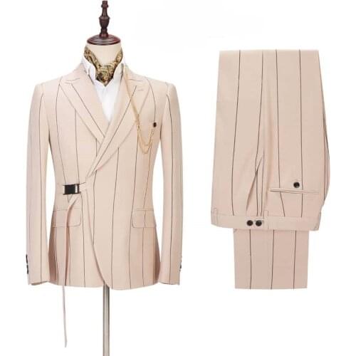 Business Wide Strpe Men Suits With Belt Costume Homme Wedding Slim Fit Masculino Terno Tuxedo Groom Prom Blazer 2 Pieces