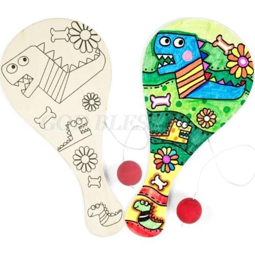 Wooden Hand-painted Ball Racket DIY Craft Cartoon Painting Graffiti Toy for Kindergarten Kids Handicrafts Drop Shipping
