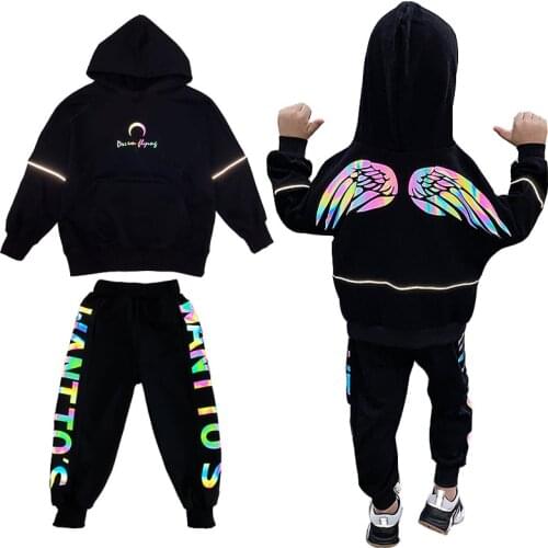 Kids 2-16 years two piece set boys girls hip hop fashion reflactive wing printed hoodie + sport pant hooded pullover clothing