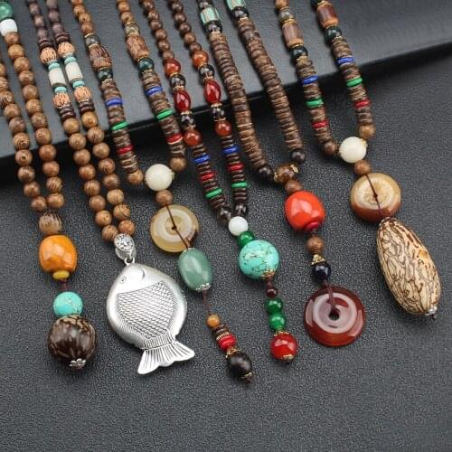 Women Men Vintage Handmade Nepal Necklace Buddhist Mala Wood Beads Pendant Necklace Ethnic Long Necklace Chain