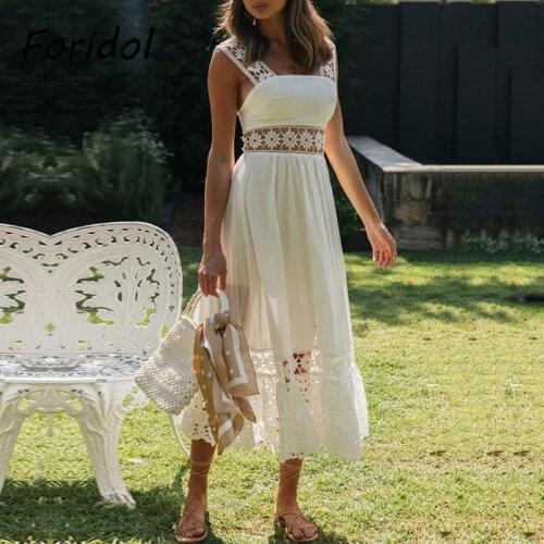Foridol Spring Summer Women Beach Dress Elegant Backless Maxi Dress Hollow Out White Midi Dress Long Vestidos De Mujer