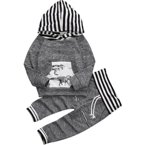 Cotton Newborn Kid Baby Boy Dinosaur Print Clothes Set Long Sleeve Striped Hoodies Tops Coat Long Pants Outfits