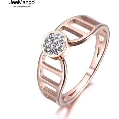 JeeMango Fashion Rose Gold Color Anniversary Rings Jewelry Stainless Steel Rhinestone Crystal Ring For Women Girl Anneau JR19007