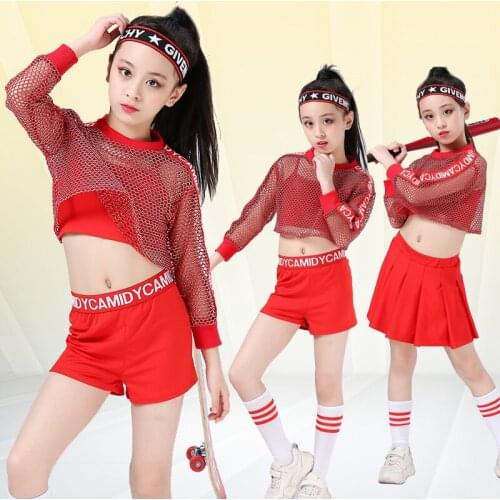 4PCS Girls Red Cool Ballroom Jazz Hip Hop Dance Competition Costume Tank Tops Shorts Net Blouse for Kid Dancing Clothing Outfits