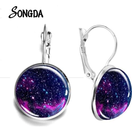 Beautiful Star Sky Earrings Galaxy Nebula Space Universe Art Photos Glass Round Drop Earrings for Friends Birthday Gifts