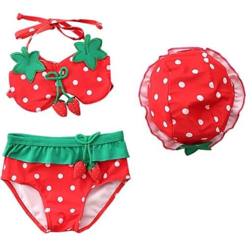 Baby Girls Strawberry Swimsuit Girl Pineapple Bikini Sling Spa Swimwear Kids Children Ruffles Shorts Hat Bathing Suit 1-5 Y