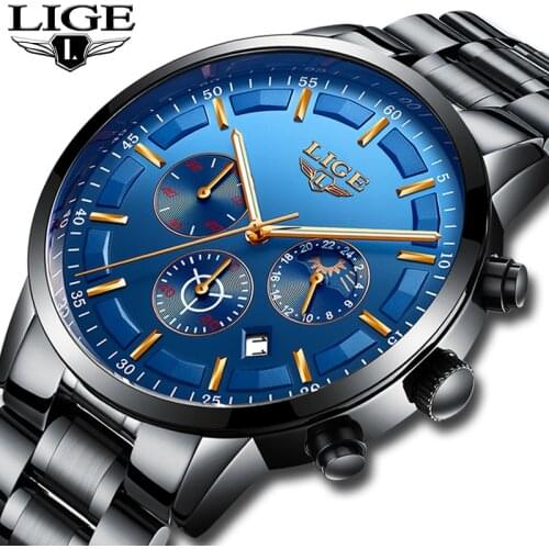 LIGE Watch Men Fashion Sport Quartz Clock Mens Watches Top Brand Luxury Full Steel Business Waterproof Watch Relogio Masculino