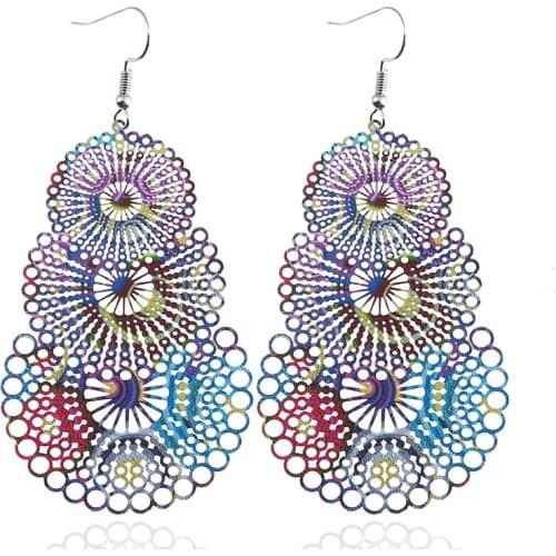 LOVBEAFAS Fashion Colorful Hollow Drop Dangle Earrings For Women Jewelry Round Vintage Long Earrings Bohemian Earrings bijoux