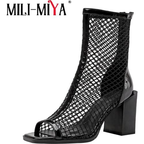 MILI-MIYA Ankle Zipper Breathable Cut Outs Mesh Boots Sandals Sexy Square Fish Mouth Women Back British Style Shoes Big Size 42