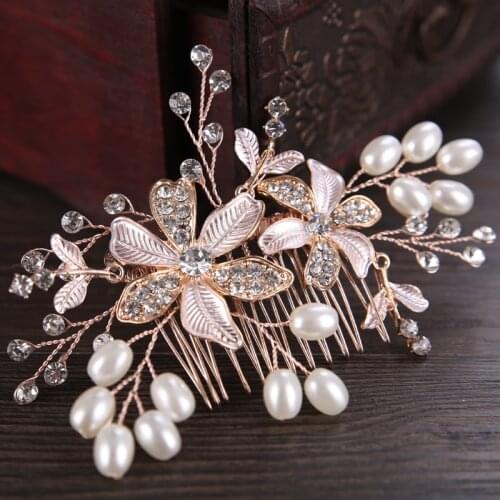 Trendy Gold Flower Pearl Bridal Hair Combs Wedding Hair Accessories Headpiece Hair ornaments Bride Women Hair Jewelry