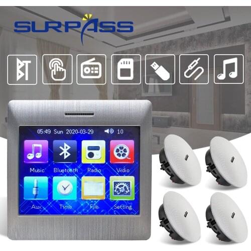 Touch Screen in Wall Amplifier Bluetooth Fm Stereo Sound Audio 4*25W PA Coxial Ceiling Speaker Set HiFi Home Background Music