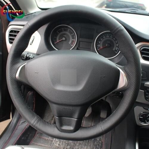 DIY Hand-Stitched Non-slip Black Leather Car Steering Wheel Cover For Peugeot 301 2014-2019 Car Interior Accessories