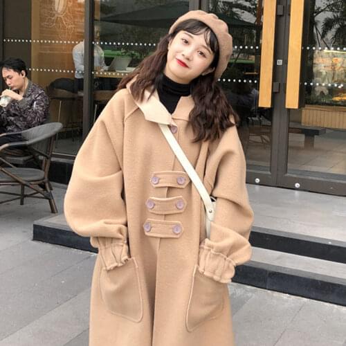 2021 New Women Long Patchwork Woolen Coat Sweet Hooded Long Wool Jacket Chic Stylish Jacket Winter Autumn