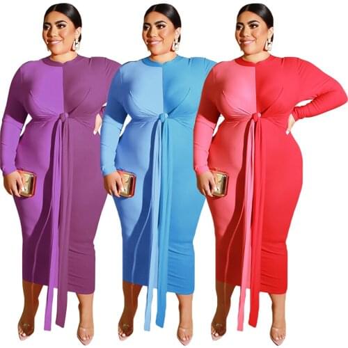 Plus Size Dresses Woman Party Night Bandage Patchwork Tight Sashes Long Sleeves Sexy Bodycon Dress Stretch Ropa Mujer Vestidos