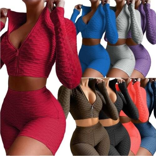 Clothing Vendors 2021 women casual clothing jacquard tight fitness yoga 2 two piece set zipper long sleeve top and shorts