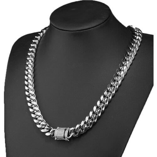 Granny Chic Crystal Clasp Luxury Heavy Stainless Steel Miami Cuban Link Chain Iced Out Men Hip hop Rapper Jewelry 14mm