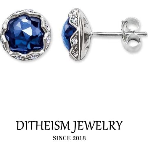 Blue Lotus Flower Stud Earrings, 2018 New Crystal Fashion Jewelry 925 Sterling Silver Trendy Earring Gift For Women Lover