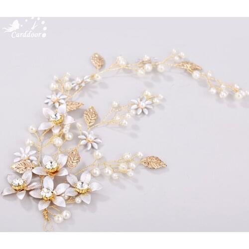 Carddoor Bridal Headdress Pearl Rhinestone Pearl Flower Wedding Hair Jewelry Gold Leaf Ornaments Fashion Wedding Gift