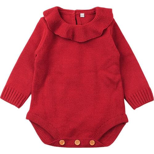 Newborn Baby Girls Sweaters Solid Knitted Ruffles Long Sleeve Wool Sweater Autumn Winter Warm Romper Bodysuit One Piece 2 Colors