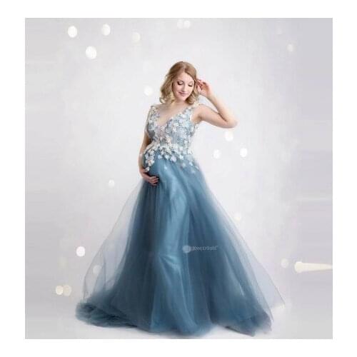 Floral Tulle Maternity Photo Shoot Dresses V Neck A Line Handmade Flower Appliques Custom Made Pregnancy Dressing Gowns