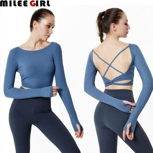 Women Yoga Shirt with Chest Pads,Seamless Beauty Back Long Sleeve Running Crop Tops,Backless Gym Fitness Workout Fitness Top