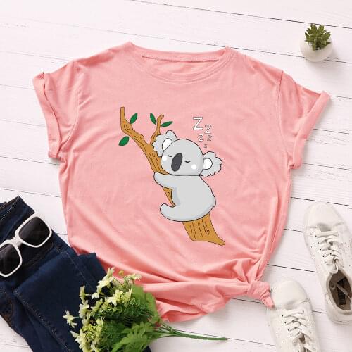 Women Short Sleeve Cotton T-Shirts Graphic Tees Summer Tee Tops for Female Casual Oversized Clothes Koala Sleeping on The Tree