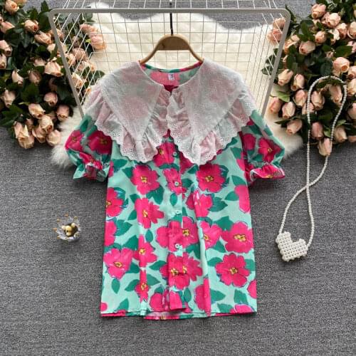 2021 womens summer sweet doll collar contrast stitching printed shirt womens age-reducing puff sleeve top