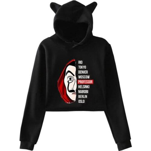 Classic La Casa De Papel Crop Top Womens Hoodies Money Heist House Of Paper Kawaii Girls Cat Ear Cropped Hoodie Sweatshirt Tops
