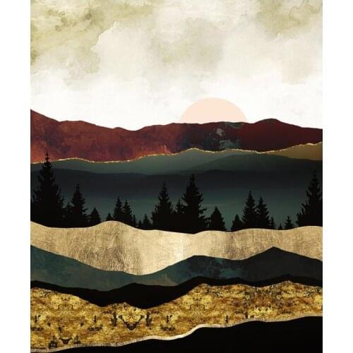 Golden Mountain Forest Landscape Painting Picture Nordic Style Canvas Abstract Art Sunset Poster Print Home Room Wall Decoration